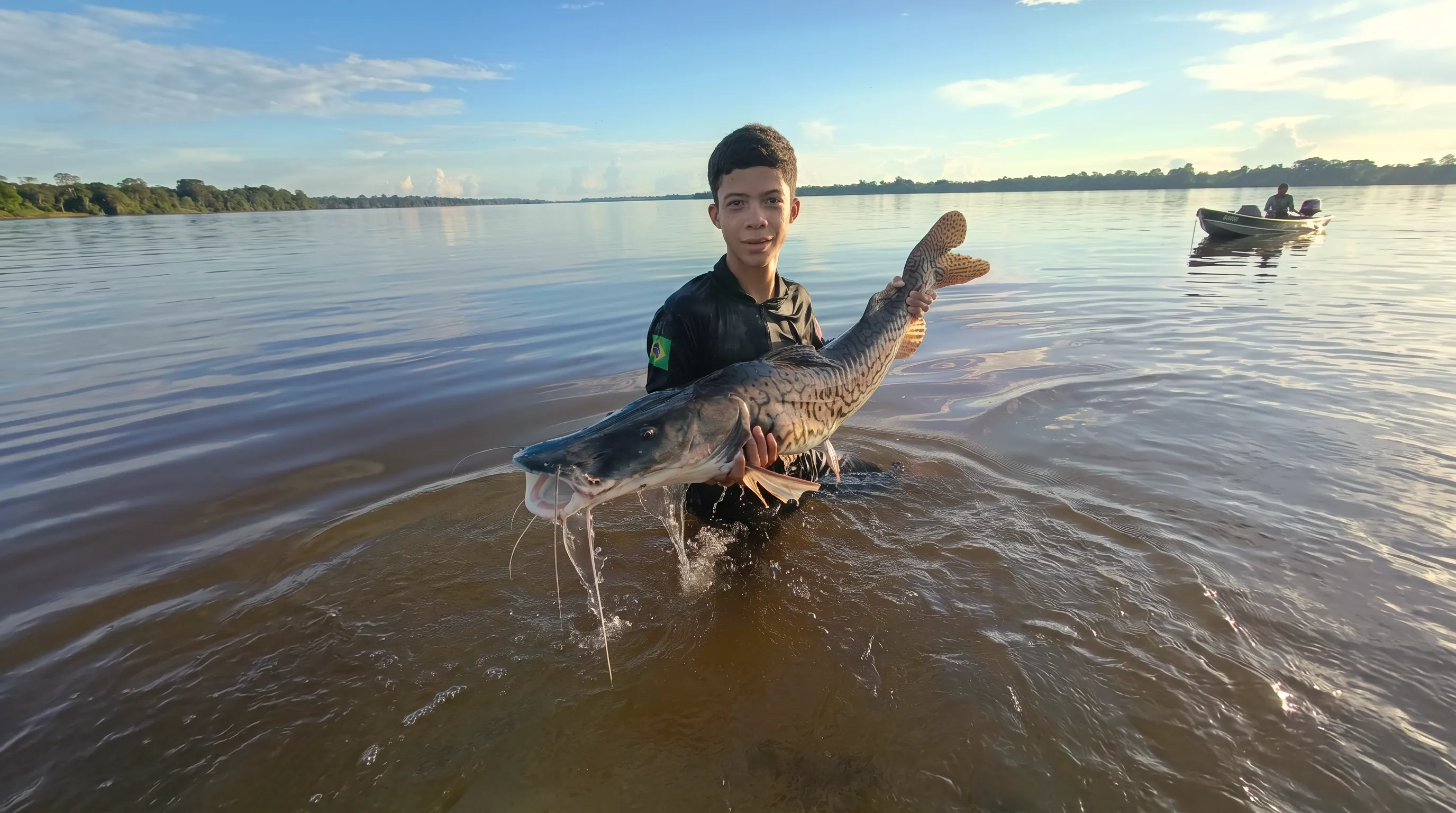 Pescador segurando um caparari capturado no rio Juruena, na Triple Borders Lodge